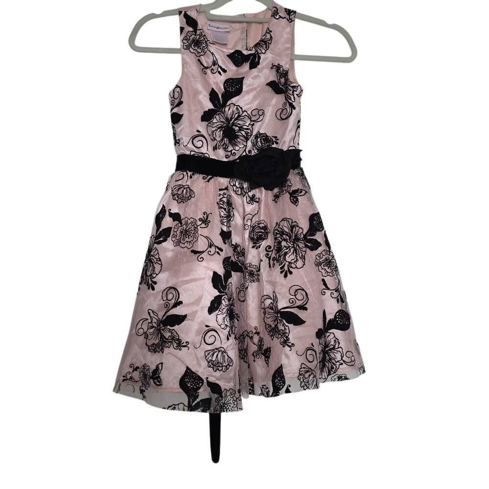 Younghearts Girls Size 7 Pink Black Tulle Velvet Floral Print Formal Dress